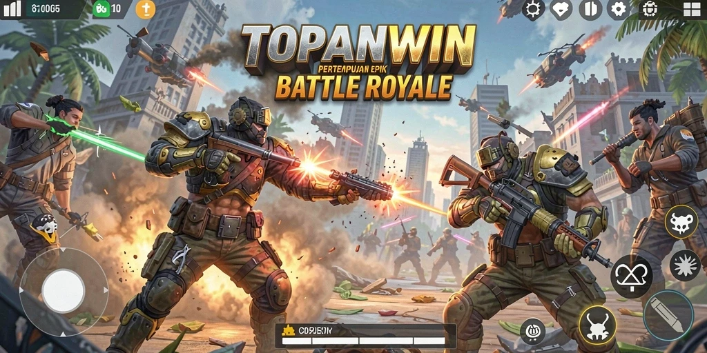 Tangkapan layar utama TOPANWIN menampilkan aksi pertempuran yang intens dalam permainan Battle Royale.